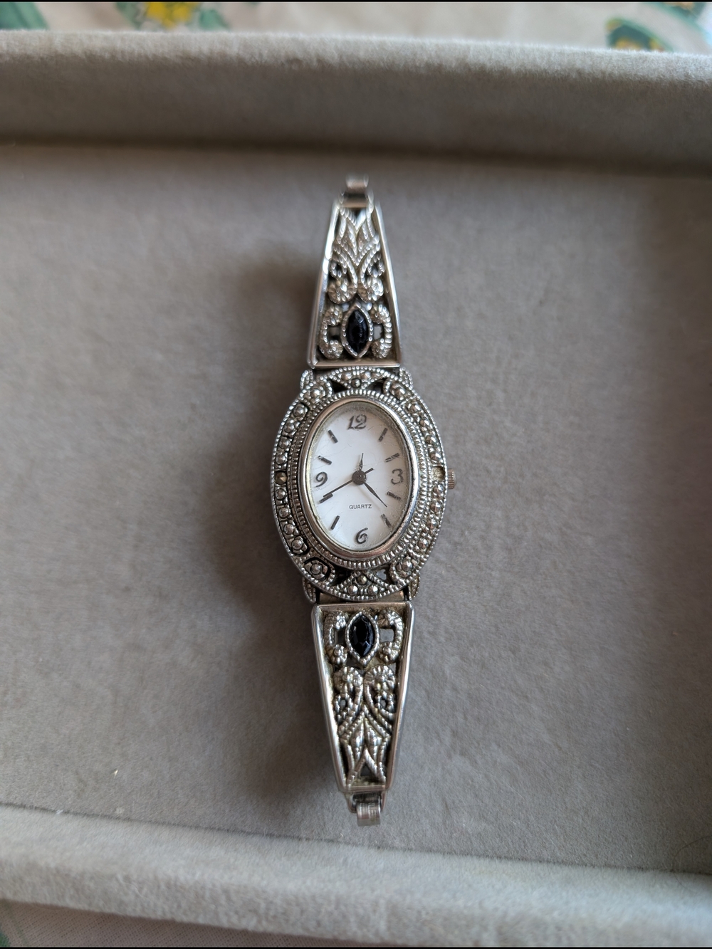 Vintage Art Deco Style Marcasite & Onyx Glass Cocktail Watch - Working